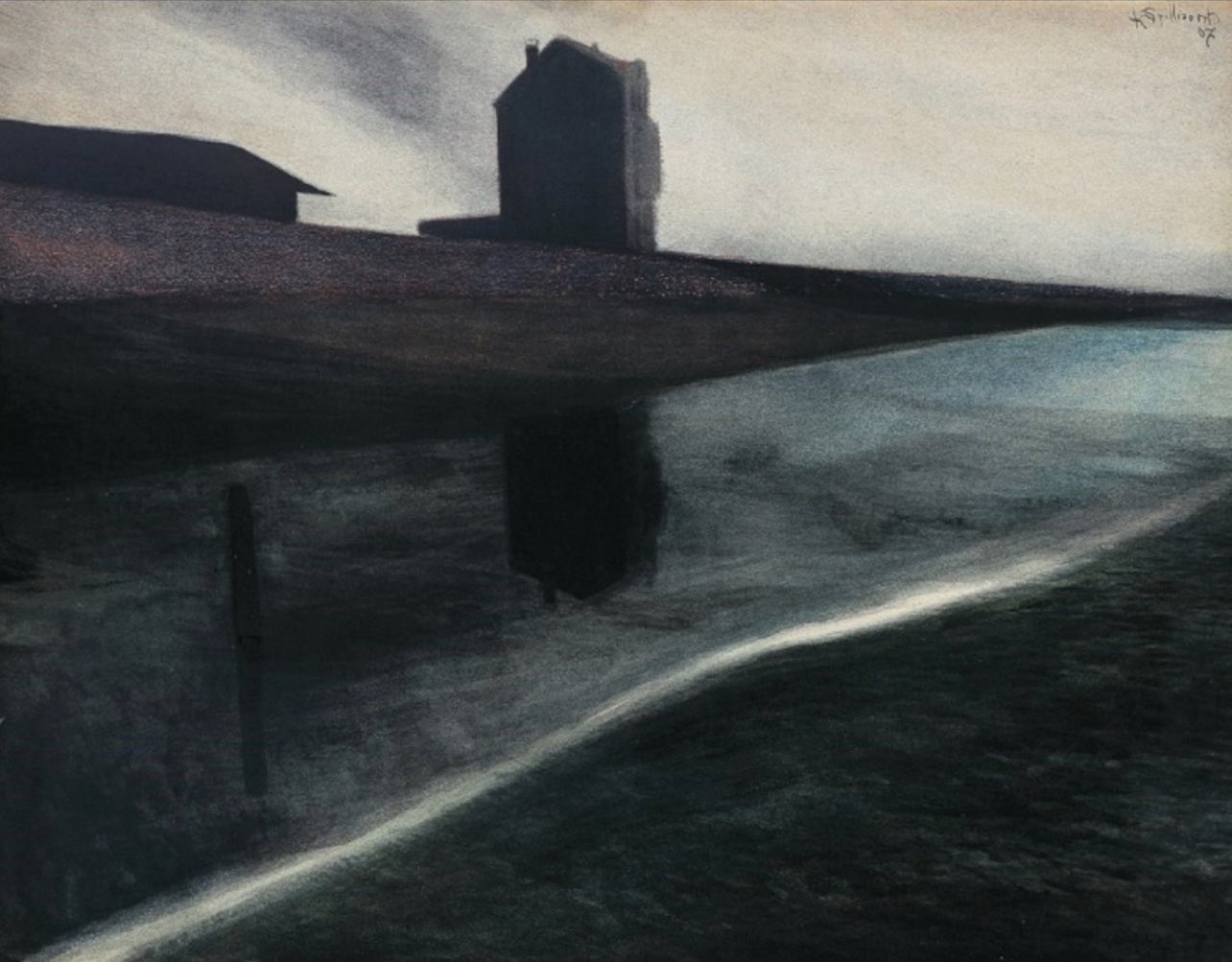 Peinture de Léon Spilliart, Maison sur la digue, datée de 1907